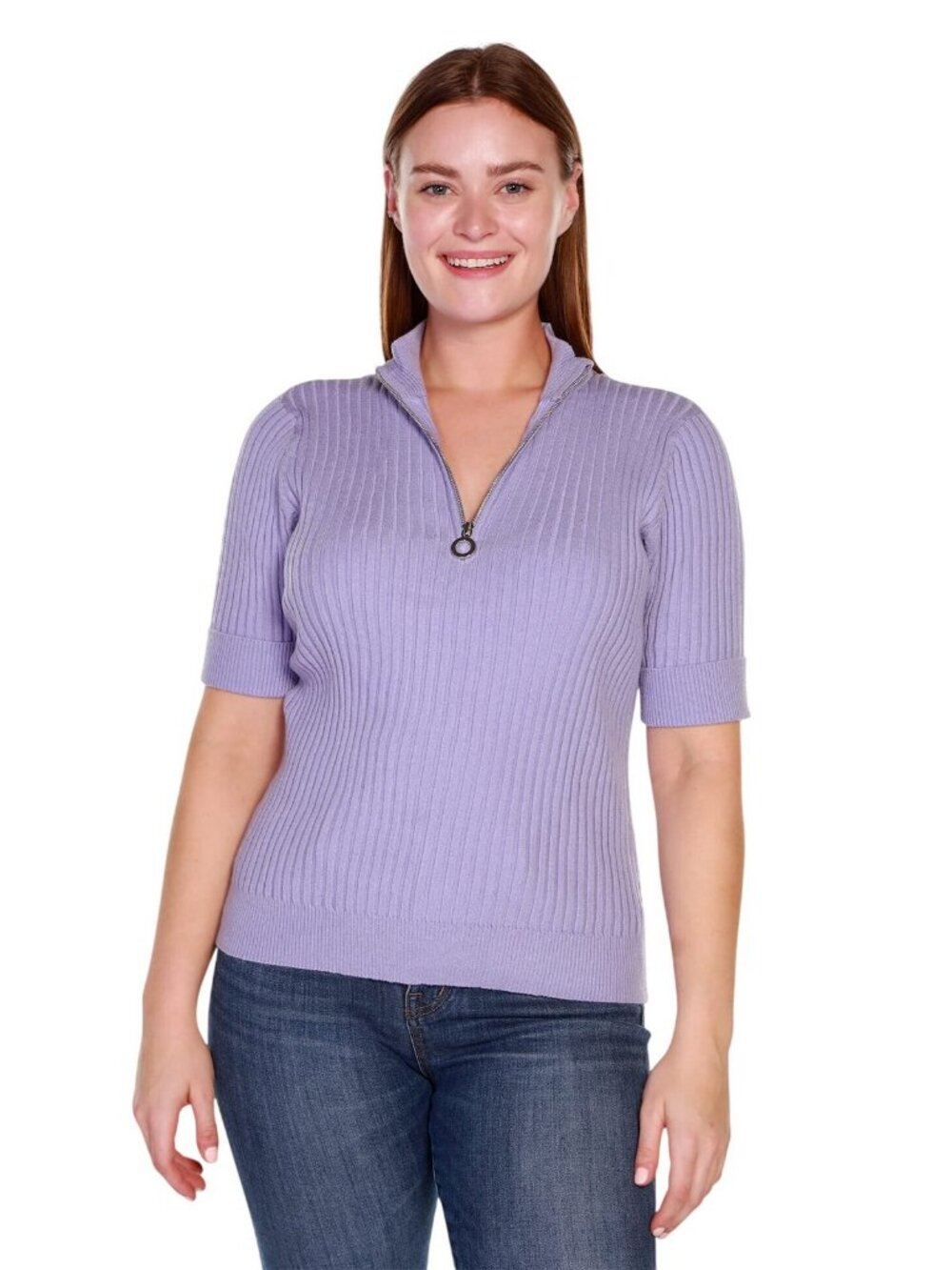 NWT Belldini Knit 1/4 Zip Mock Collar Short Sleeve Sweater Pale Iris Purple 1X